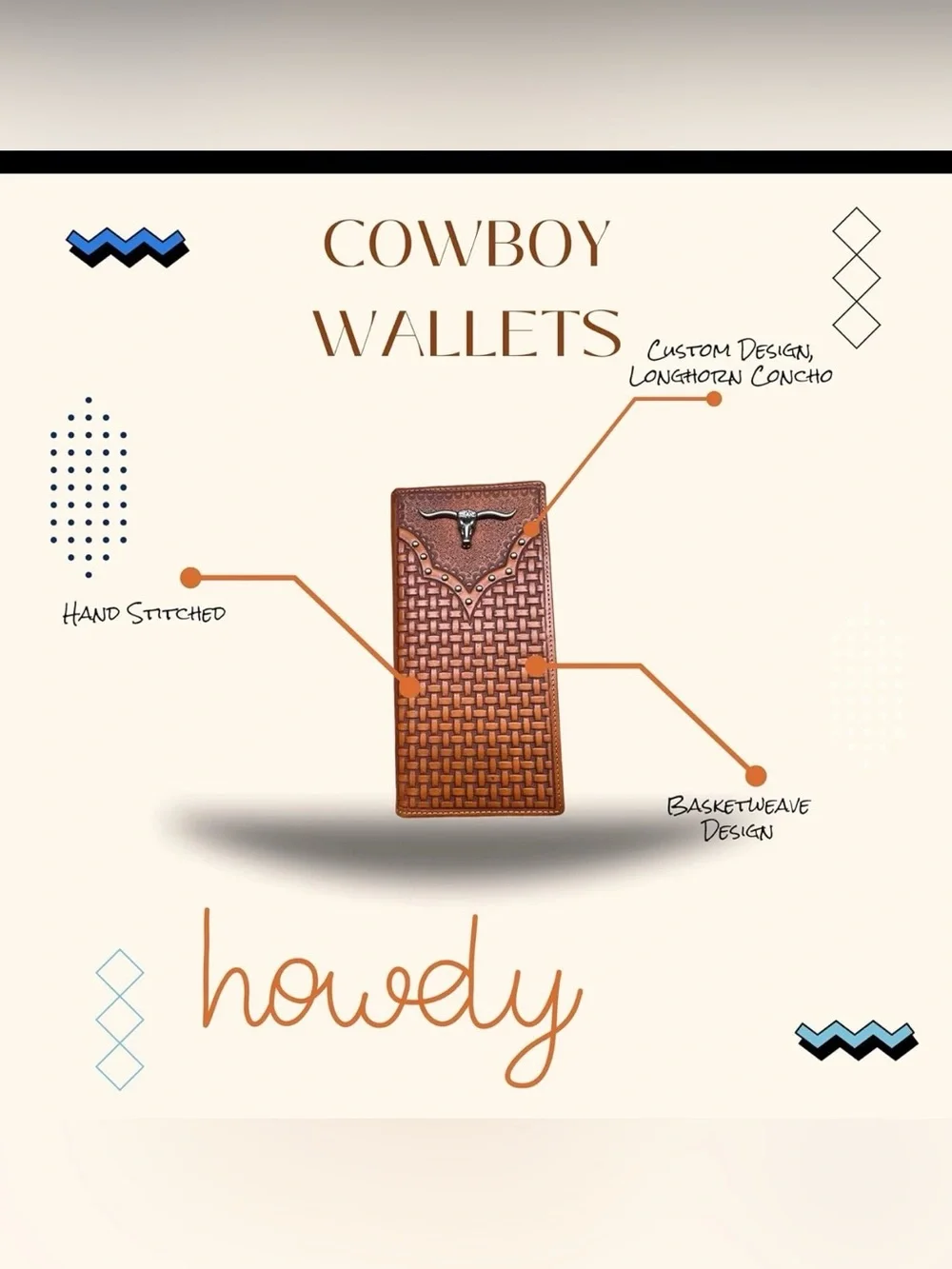 Urbalabs Mens Long Wallet Basketweave Tooled Leather Longhorn Concho Studded